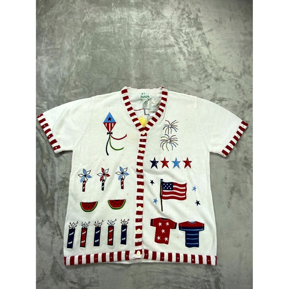 Vintage Quacker Factory Sweater‎ Womens Large USA Flag Patchwork Americana NEW